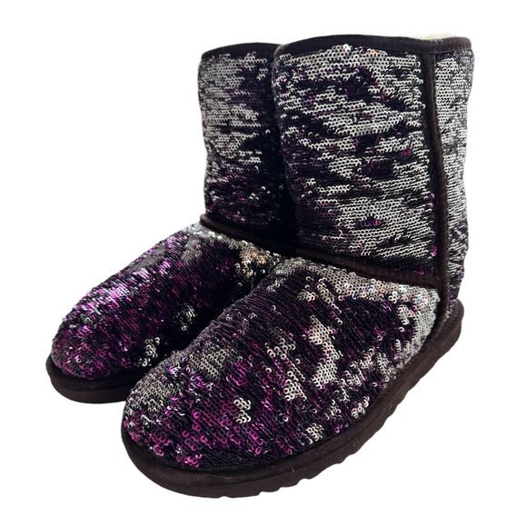 UGG Classic Short Purple Silver Sparkle Flip Sequin Boots Sherling Sherpa 6 - Picture 6 of 11